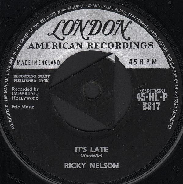 Ricky Nelson (2) - It's Late (7", Single, RP)