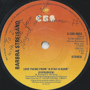 Barbra Streisand - Love Theme From "A Star Is Born" (Evergreen) (7", Single, Sol)