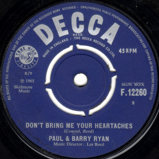 Paul & Barry Ryan - Don't Bring Me Your Heartaches (7")