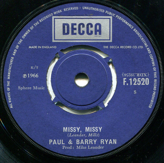 Paul & Barry Ryan - Missy, Missy / Rainbow Weather (7")