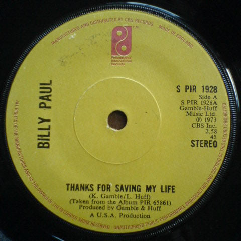 Billy Paul - Thanks For Saving My Life (7", Single)